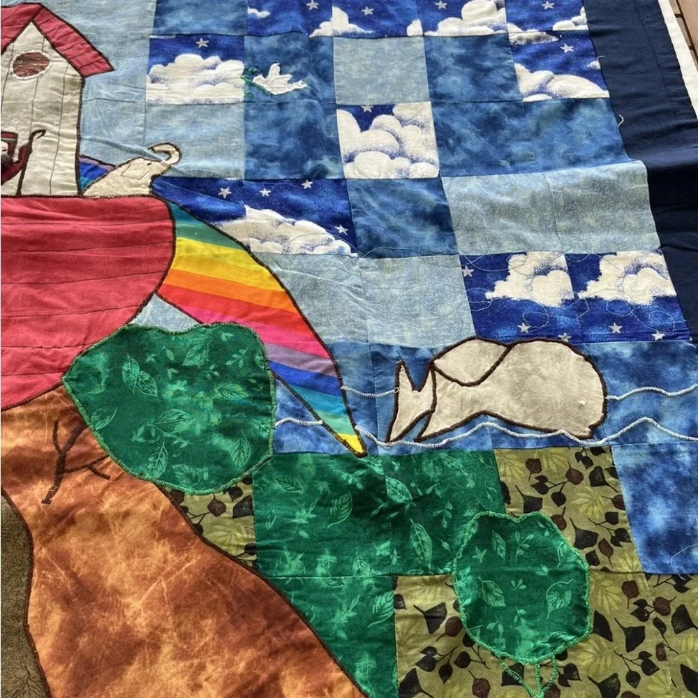Noah’s Ark Rainbow Baby Patch Quilt Throw Lion Giraffe Elephant Handmade Vintage
